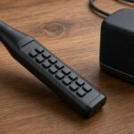Compact wind controller with a small speaker and cables on a wooden desk