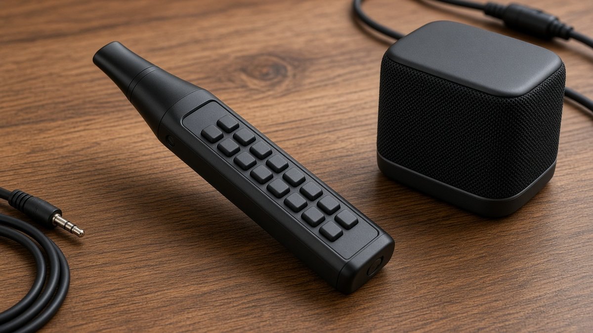 Compact wind controller with a small speaker and cables on a wooden desk