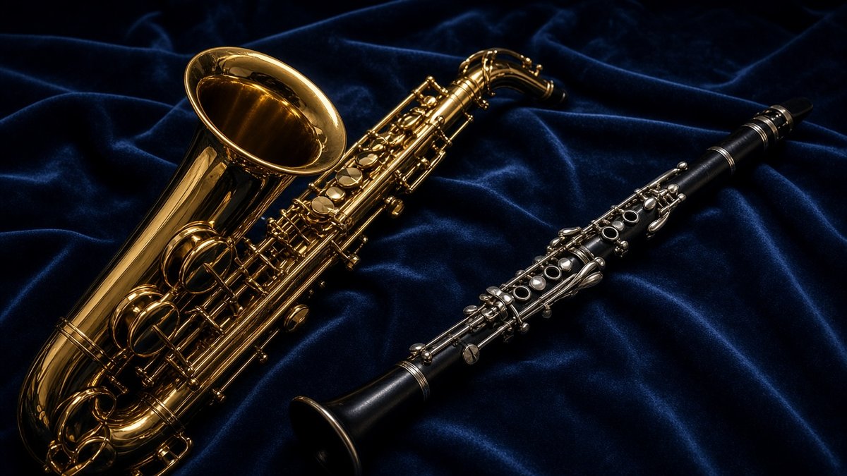 Alto saxophone and black clarinet lying side by side on blue velvet