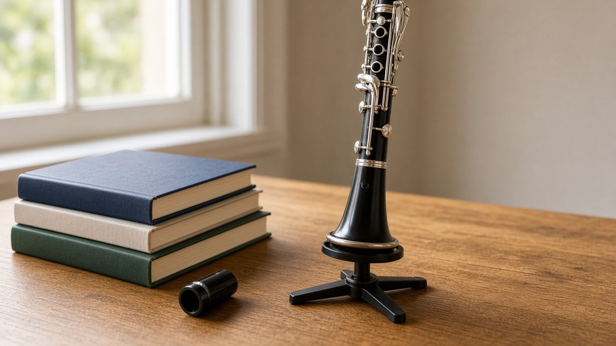 Clarinet on a stand next to books and a spare barrel on a desk