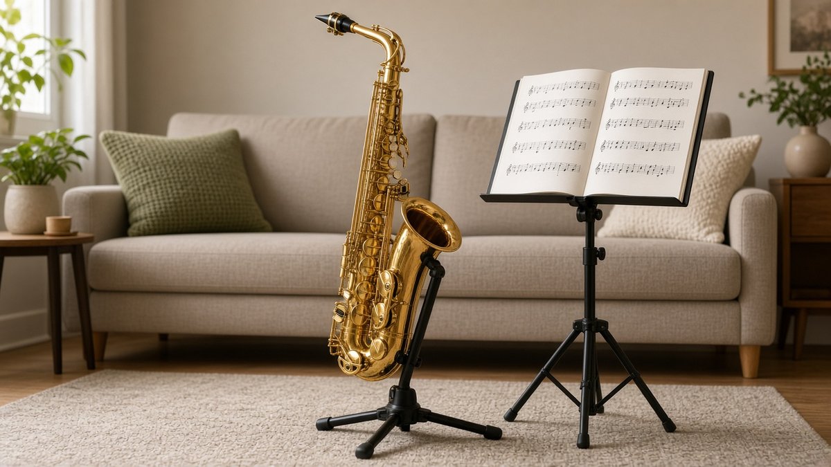 Alto saxophone on a stand beside a music stand in a living room
