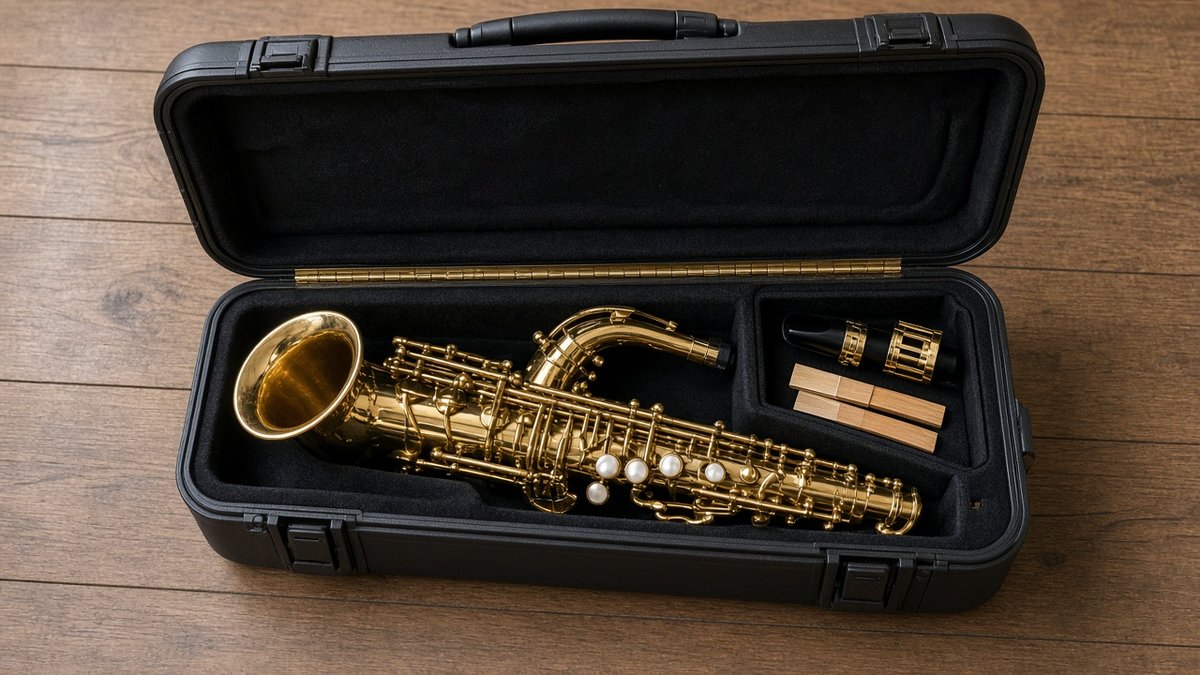 Alto saxophone in an open case with mouthpiece and reeds
