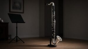 Bass clarinet with curved silver neck and bell standing on a wooden floor