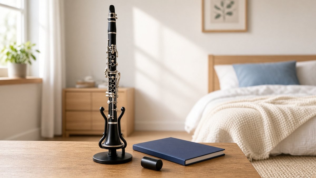 Beginner clarinet on a stand with a notebook in a bright bedroom