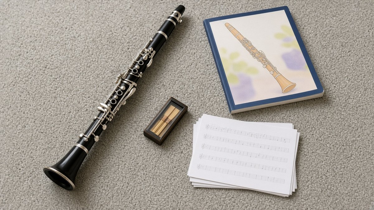 Clarinet with reed case and sheet music on a grey carpet