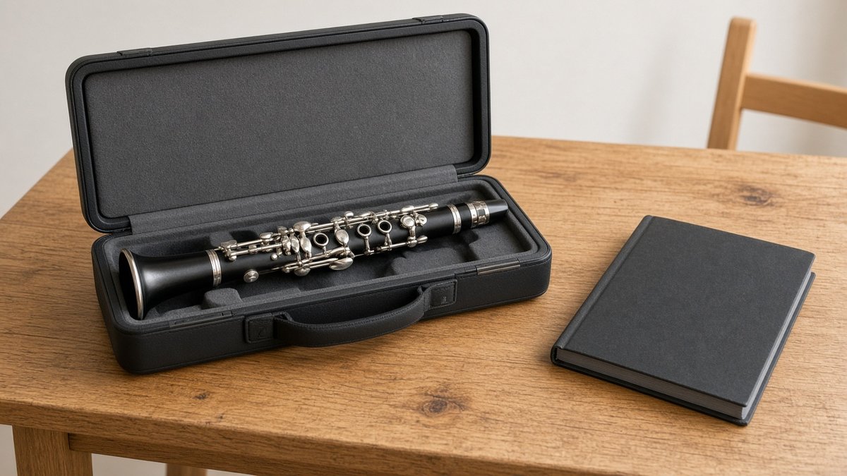 Budget clarinet in an open case on a wooden table