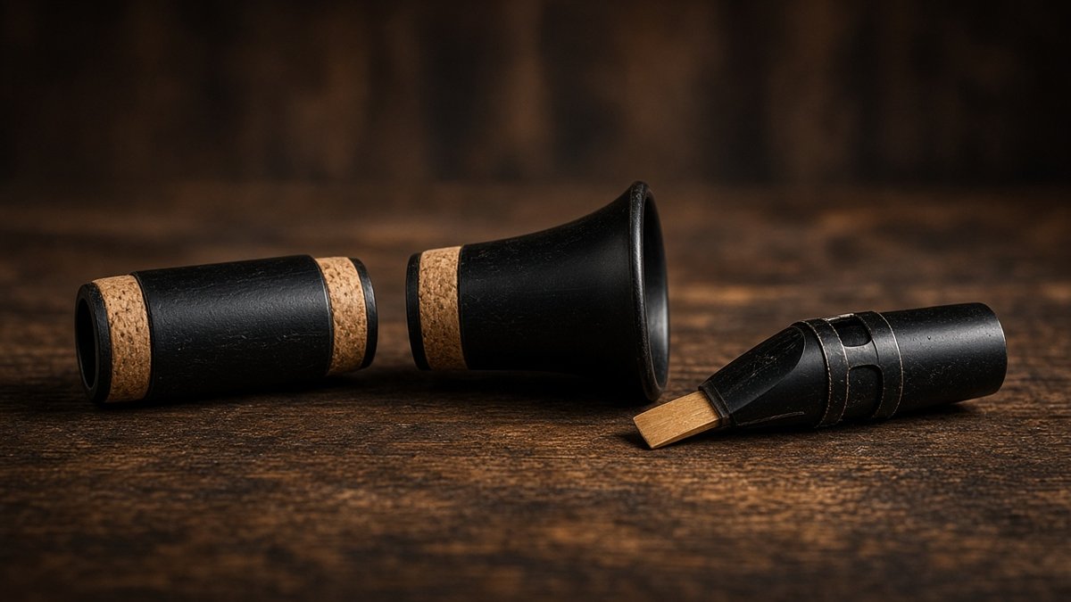 Clarinet barrel, bell and mouthpiece on dark wood