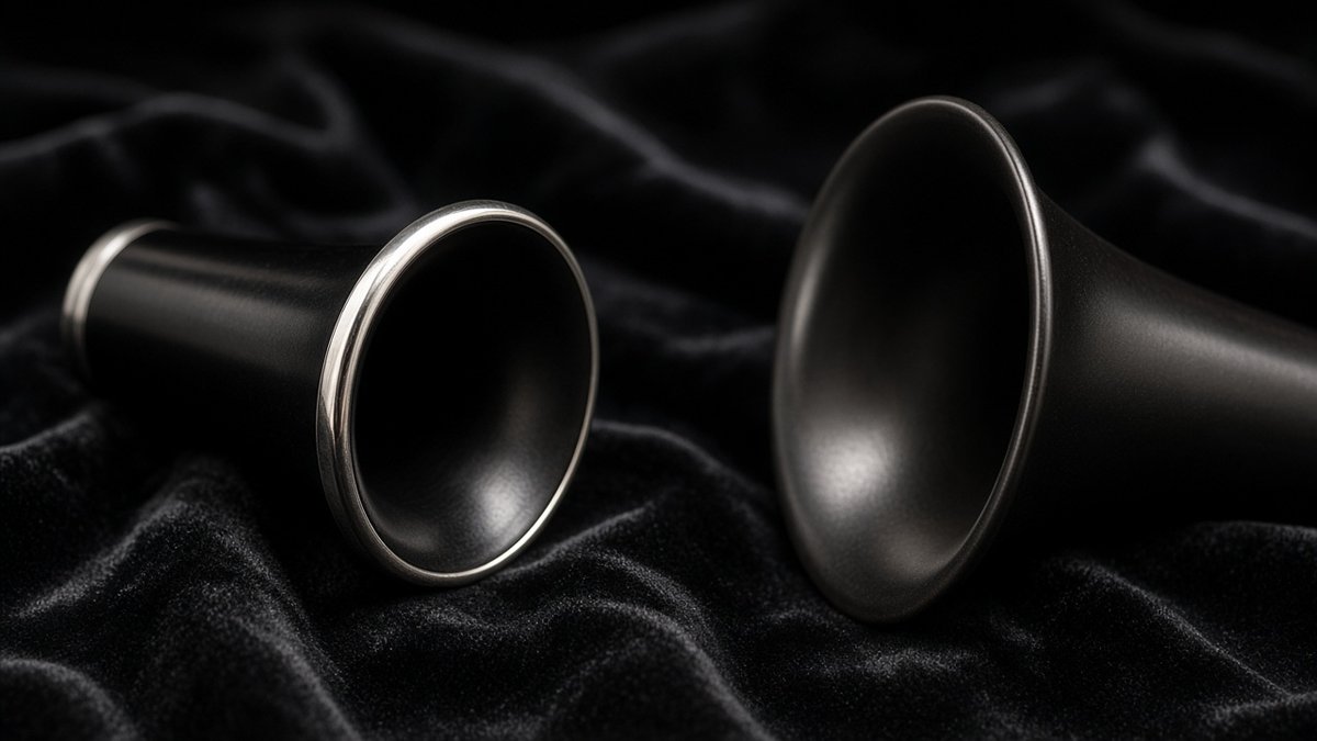 Two clarinet bells with silver rims on black velvet