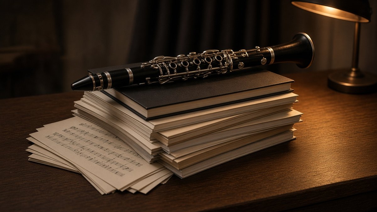 Clarinet on a stack of books and sheet music by a desk lamp