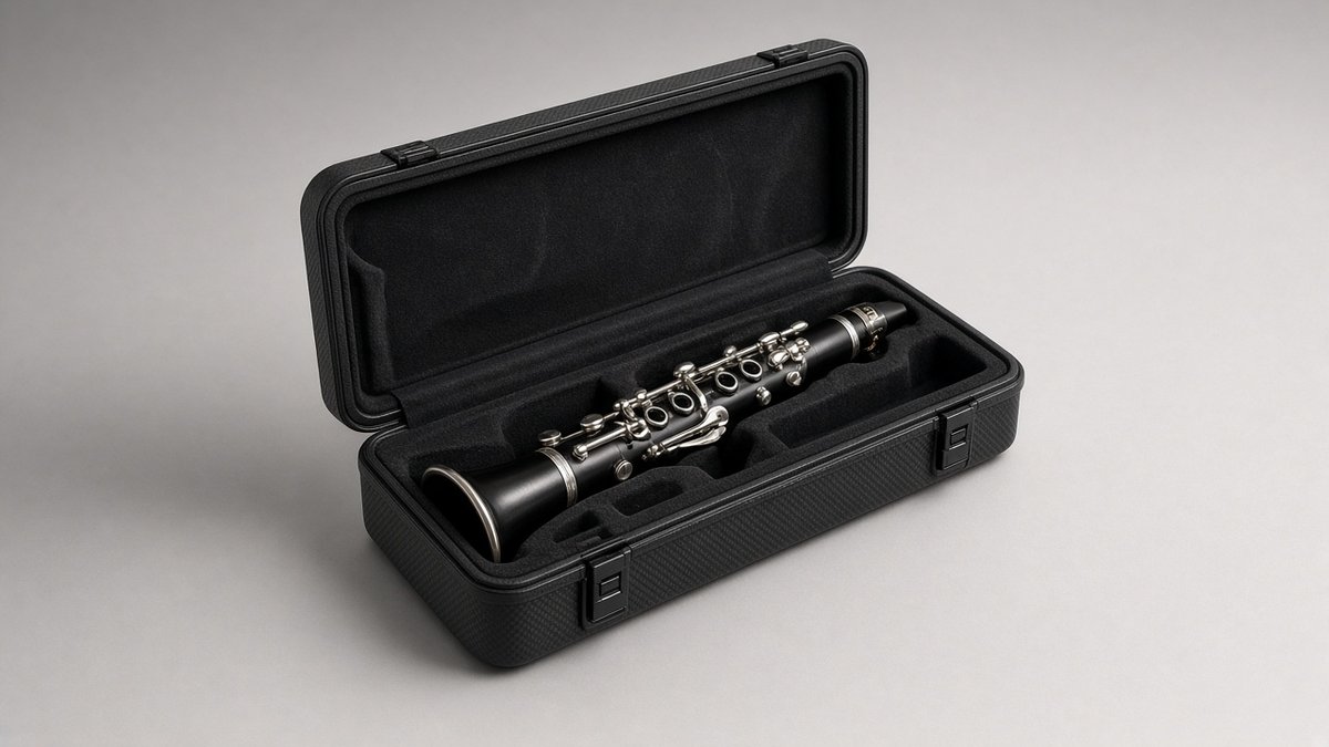 Clarinet in an open modern carbon-look hard case