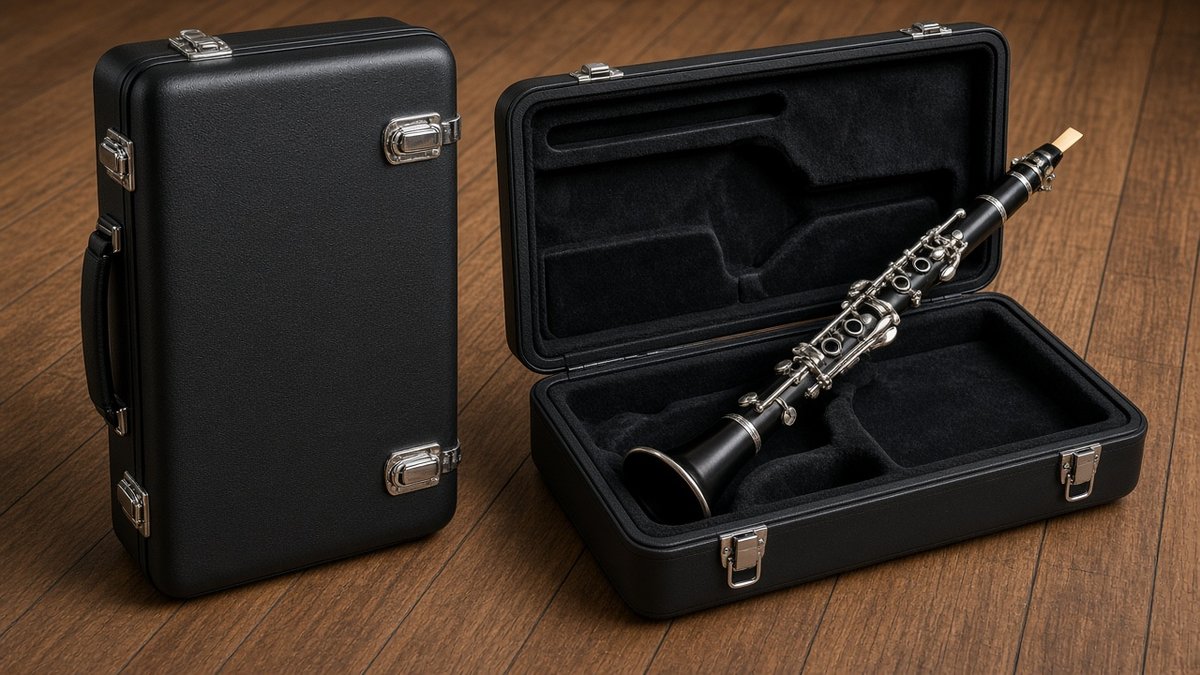 Closed and open black clarinet cases with a clarinet inside
