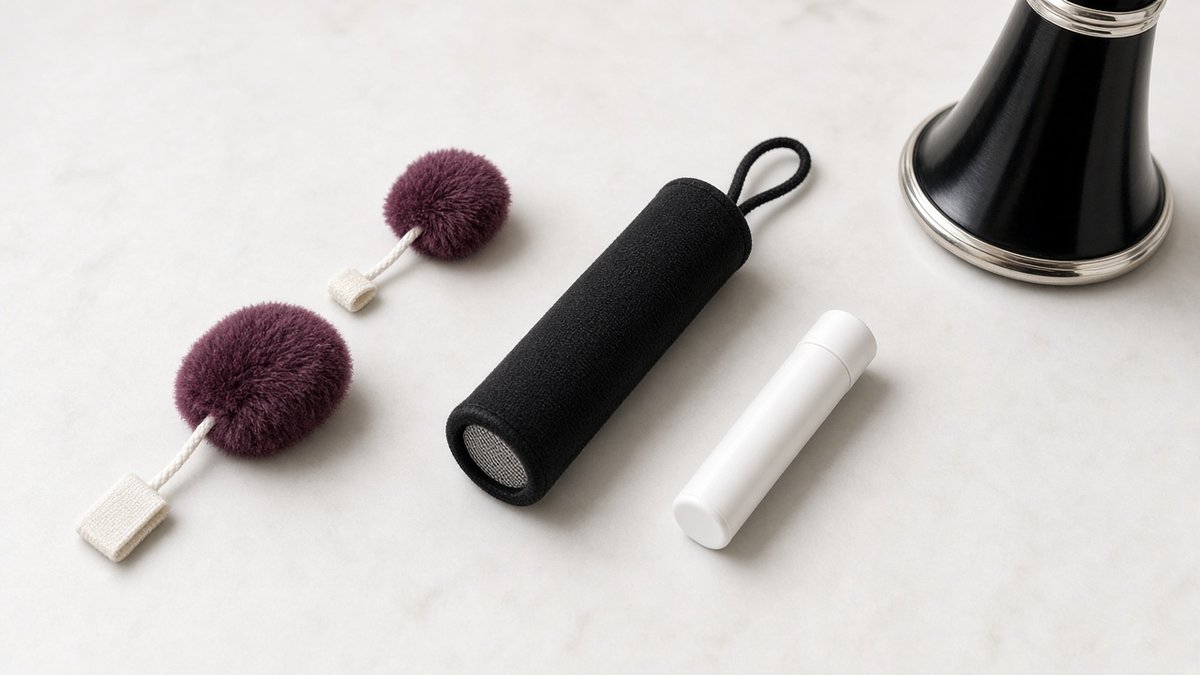 Clarinet swabs and cork grease with a clarinet bell on a marble surface