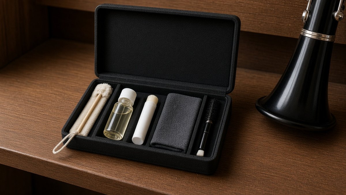 Open clarinet maintenance kit with swab, oil, cork grease and brush