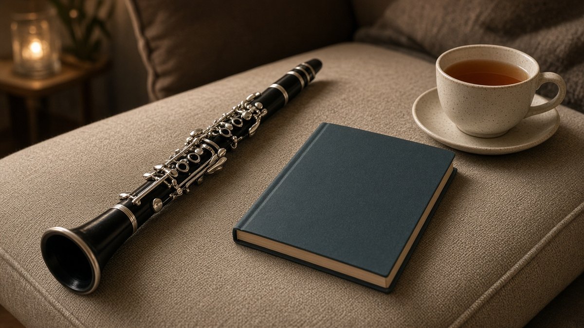 Clarinet with a book and a cup of tea on a cozy sofa