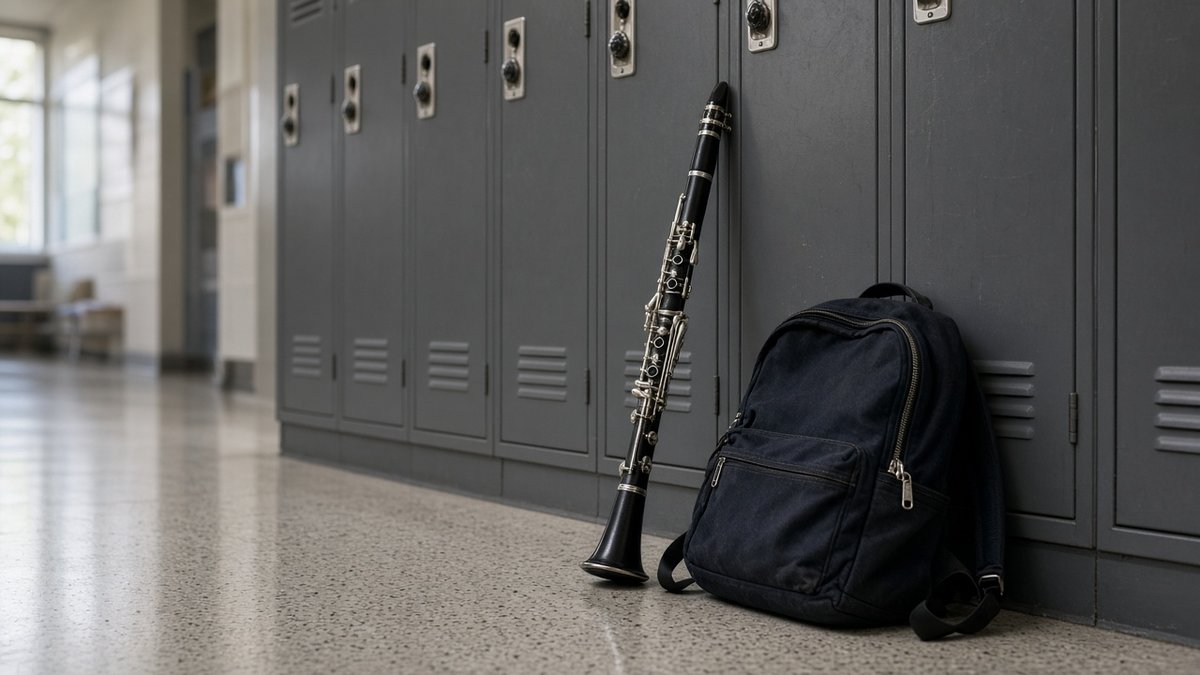 Clarinet leaning against school lockers next to a backpack