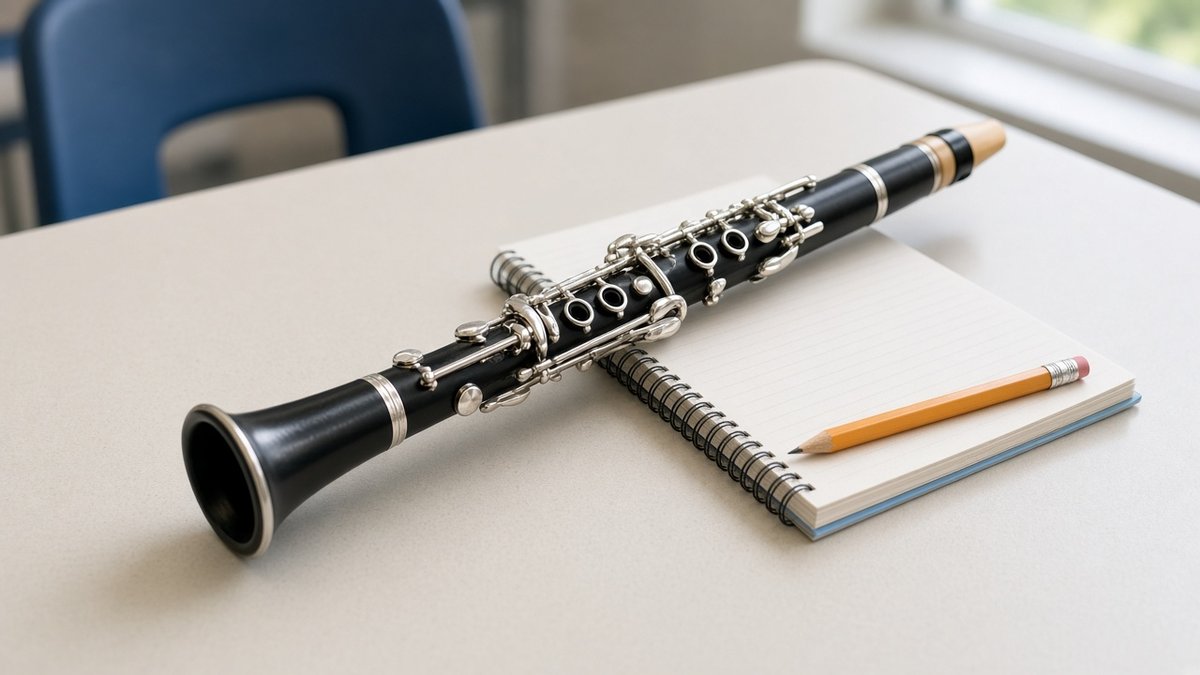 Clarinet lying on a school notebook with a pencil on a desk