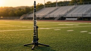 Clarinet on a stand on a football field with bleachers at golden hour