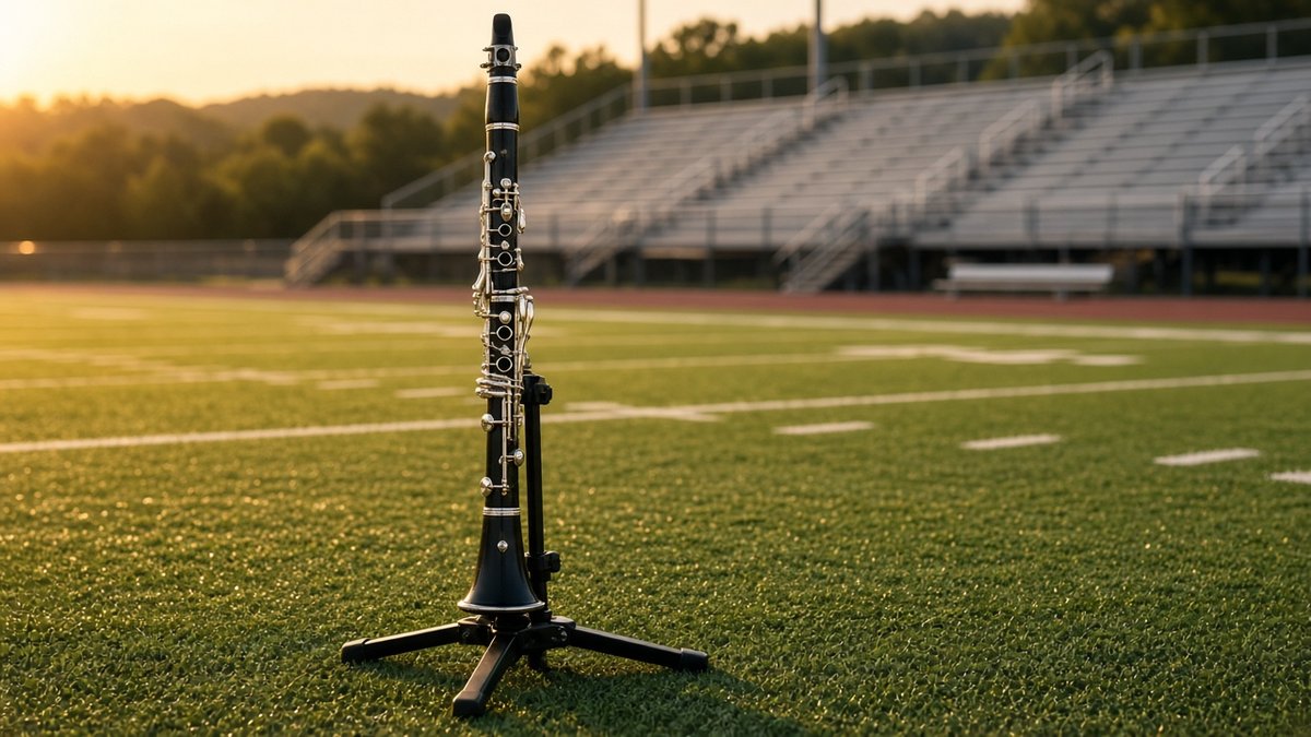 Clarinet on a stand on a football field with bleachers at golden hour