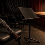 Clarinet resting on a chair in an orchestra pit next to a music stand