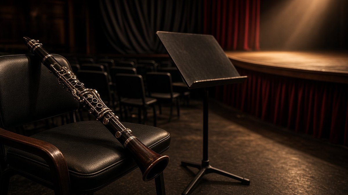 Clarinet resting on a chair in an orchestra pit next to a music stand