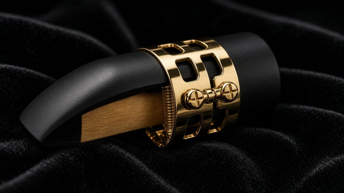 Gold clarinet ligature on a mouthpiece with reed on black velvet