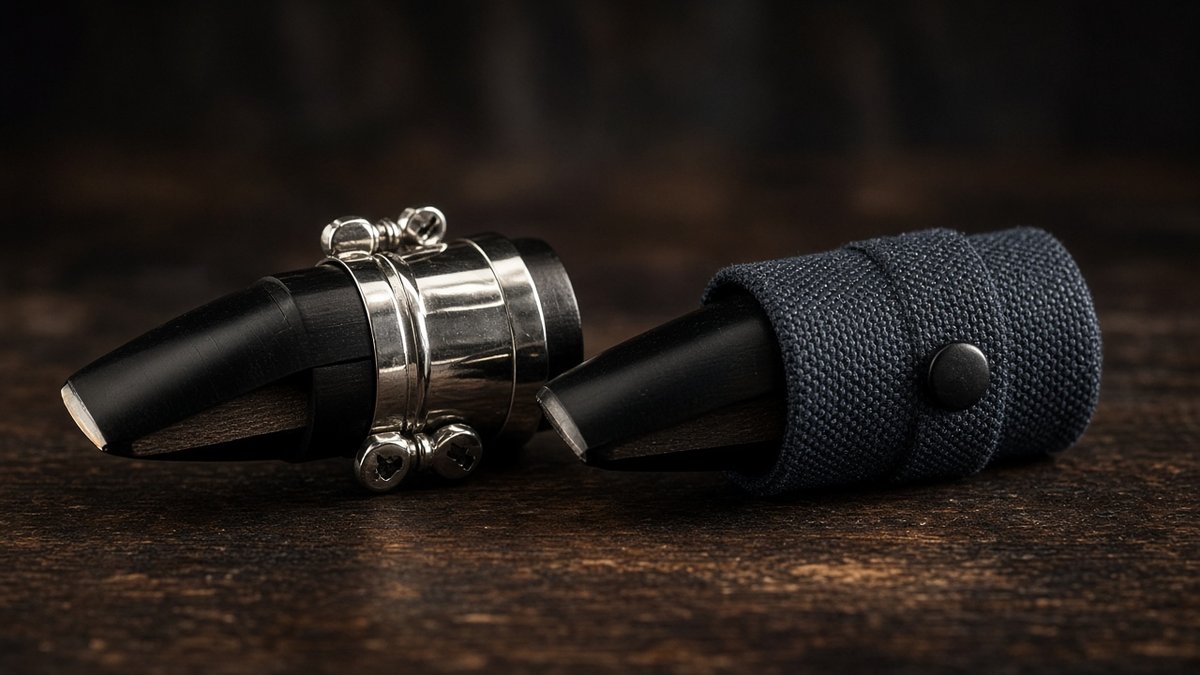 Metal and fabric ligatures on clarinet mouthpieces