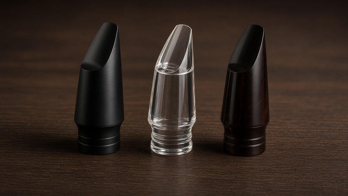Three clarinet mouthpieces of different materials in a row