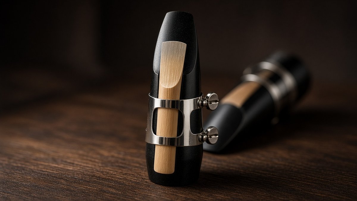 Clarinet mouthpiece with reed and silver ligature on dark wood