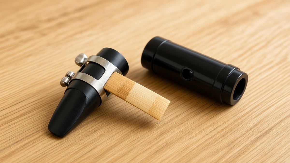 Beginner clarinet mouthpiece with reed and barrel on a light wooden desk