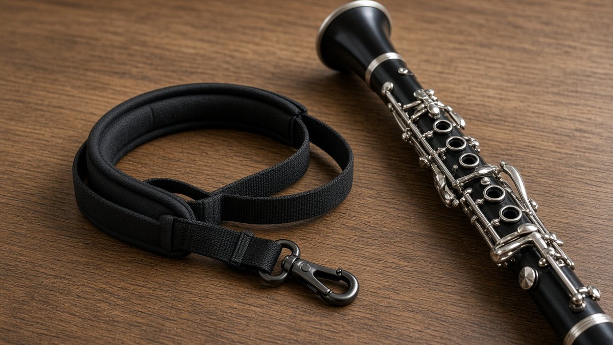 Padded clarinet neck strap next to a clarinet on a wooden table