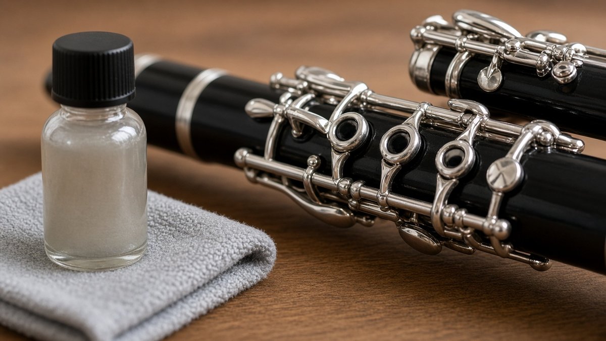 Clarinet joint with polishing cloth and oil bottle on a wooden table