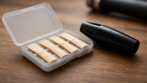 Open reed case with clarinet reeds beside a mouthpiece