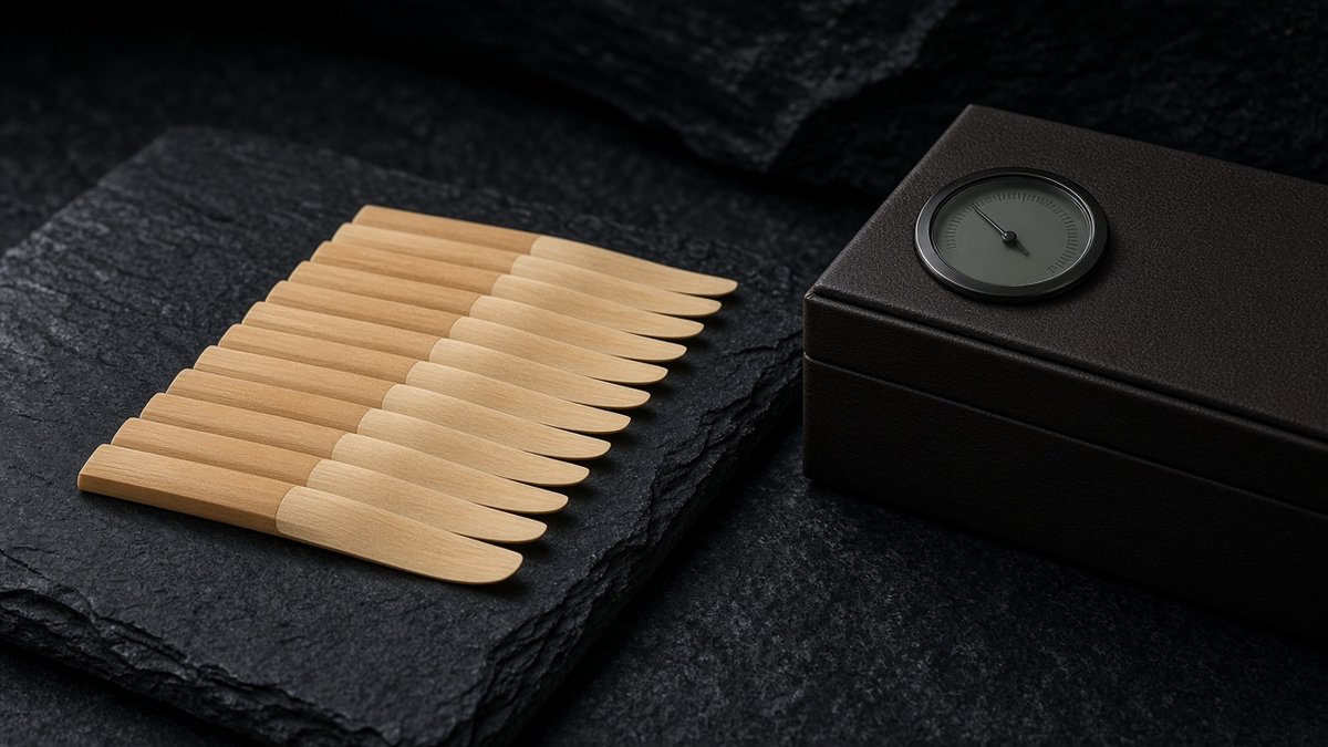 Row of clarinet reeds beside a humidity reed case on slate