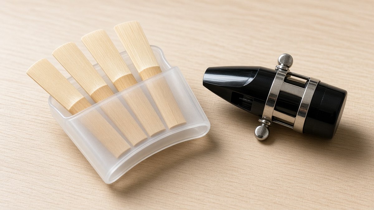 Clarinet reeds in a holder beside a mouthpiece with ligature