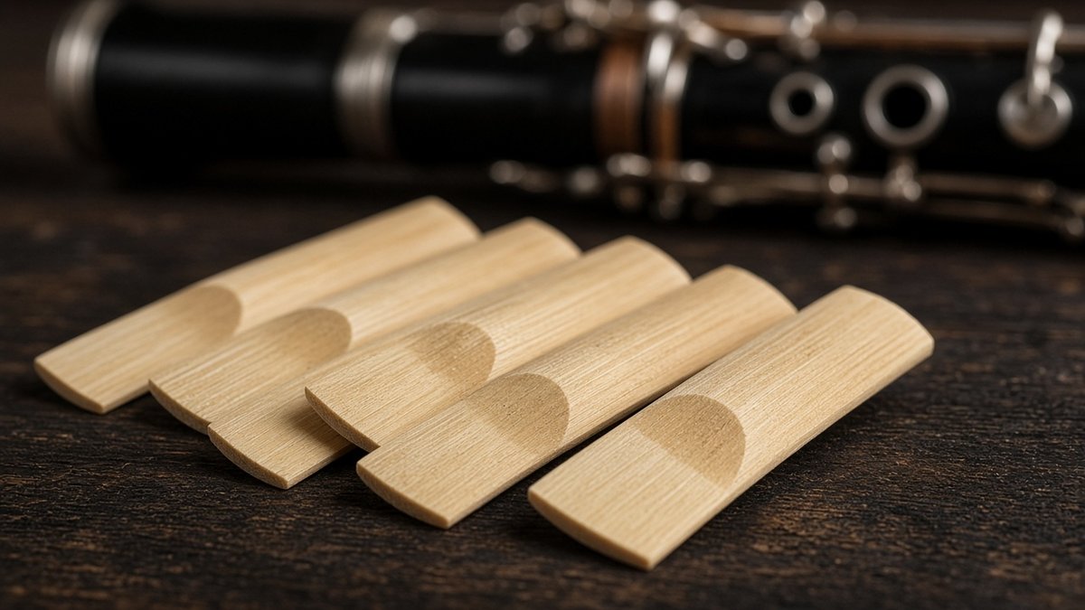 Natural cane clarinet reeds in front of a clarinet