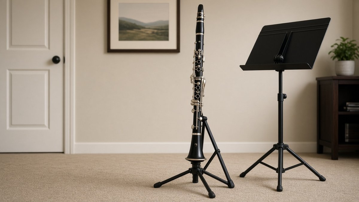 Clarinet on a stand next to a music stand