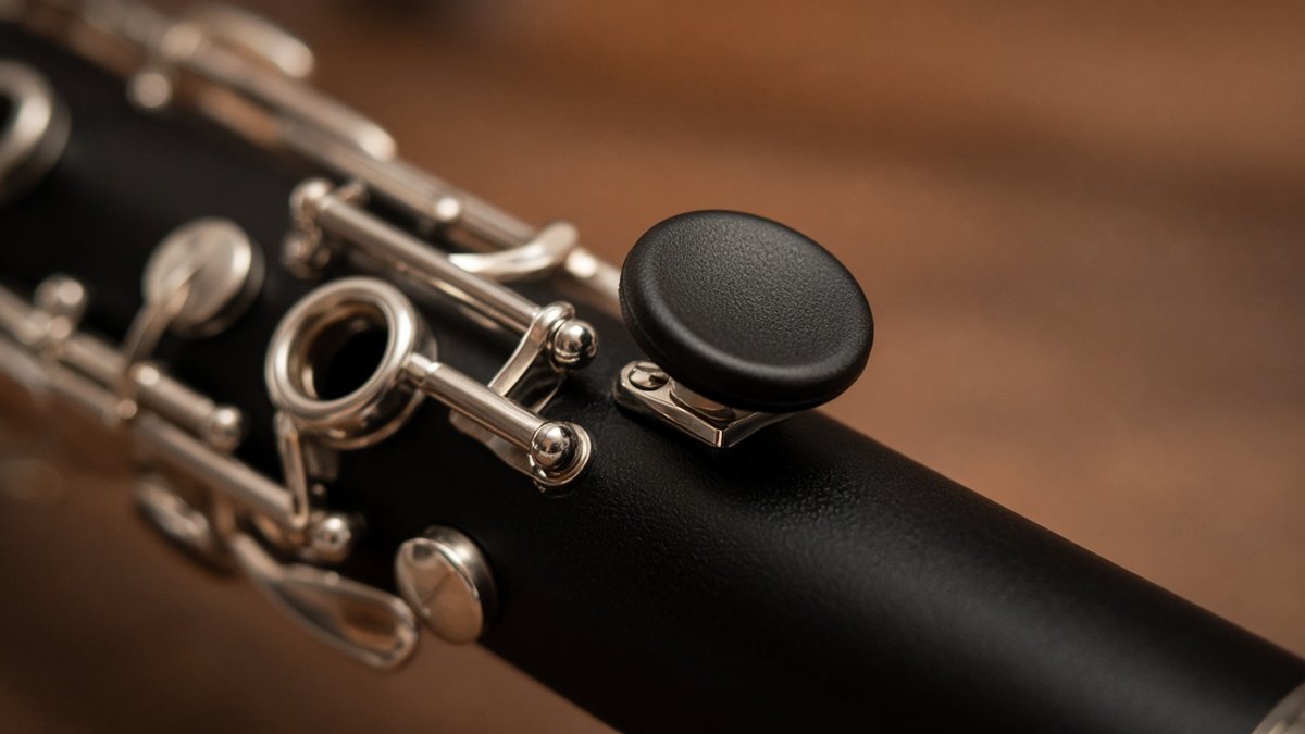 Close-up of a clarinet thumb rest on the instrument body