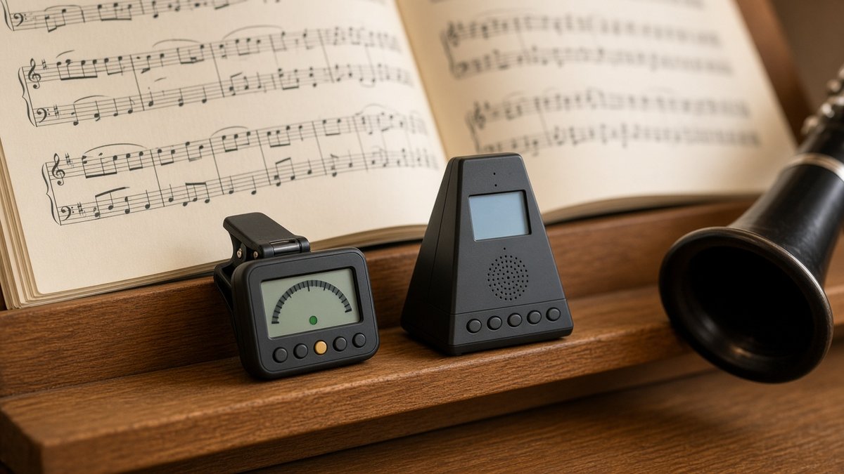 Clip-on tuner and metronome on a music stand with a clarinet bell