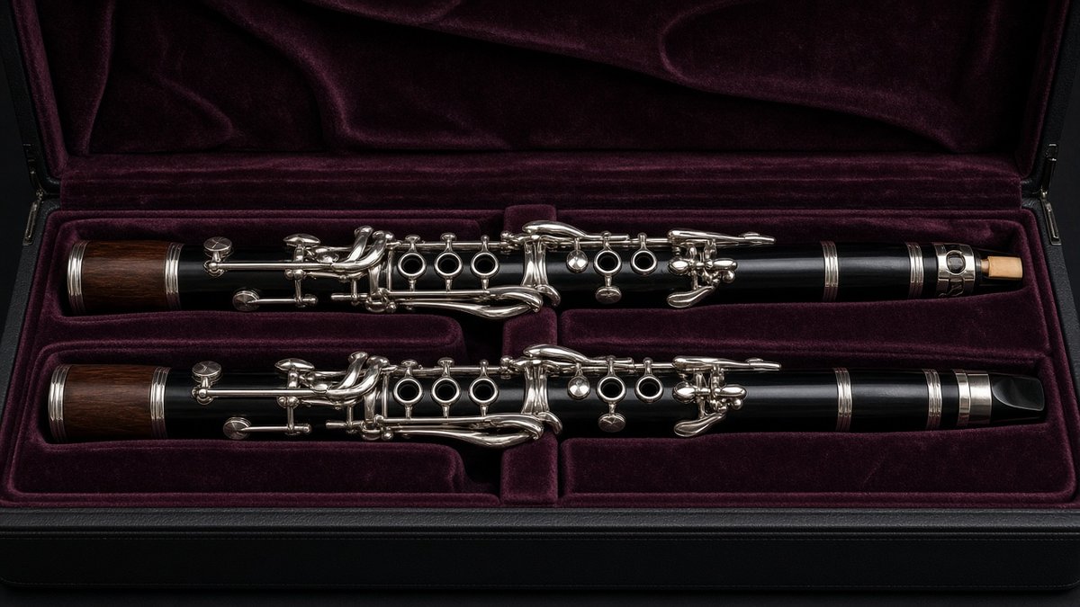 Two step-up clarinets in an open velvet-lined case