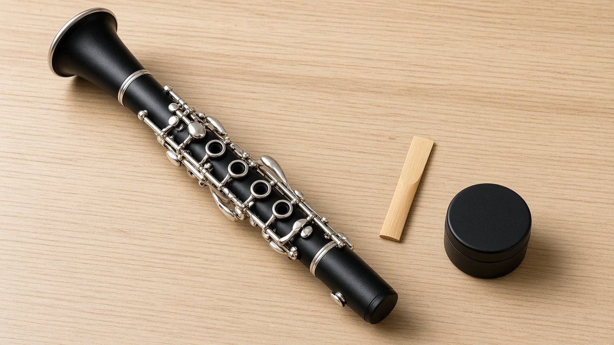 Student clarinet with a reed and cork grease on a wooden table