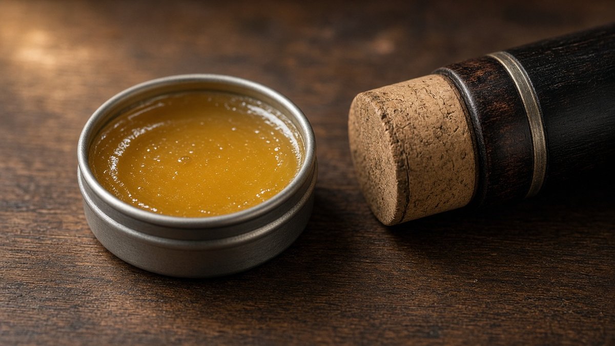 Tin of cork grease next to a clarinet cork tenon