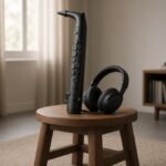 Matte black digital saxophone with headphones on a wooden stool in a home practice room