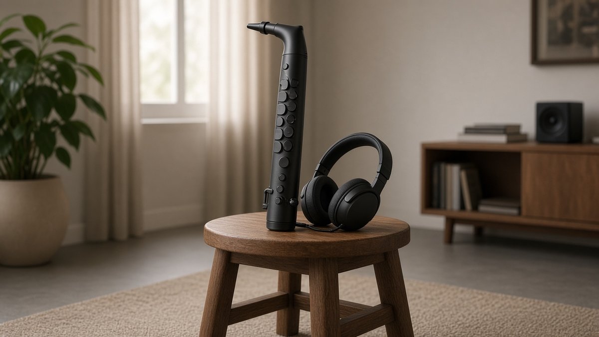 Matte black digital saxophone with headphones on a wooden stool in a home practice room