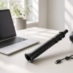 Electronic wind controller on a desk with a laptop and headphones