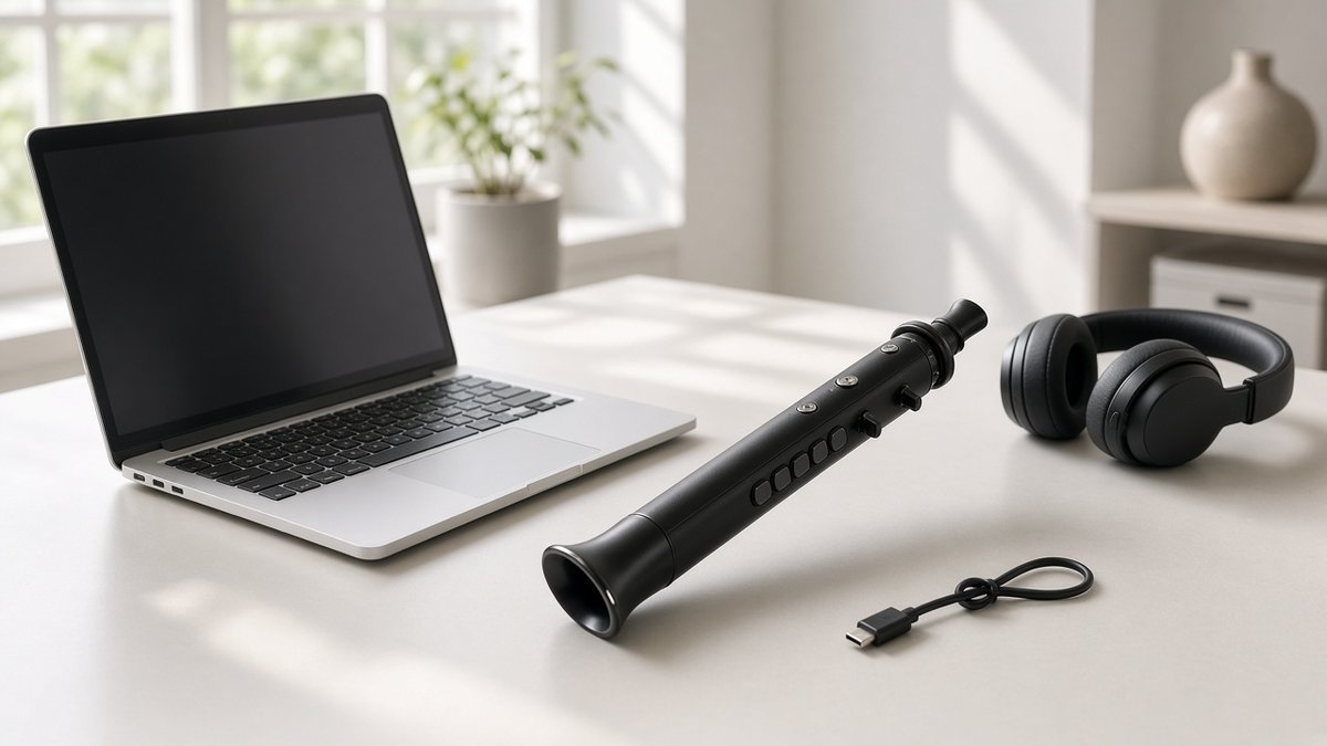 Electronic wind controller on a desk with a laptop and headphones
