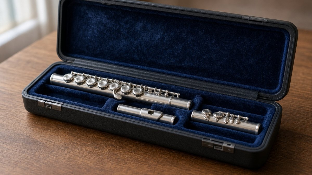Open black flute case with a silver flute in blue velvet lining