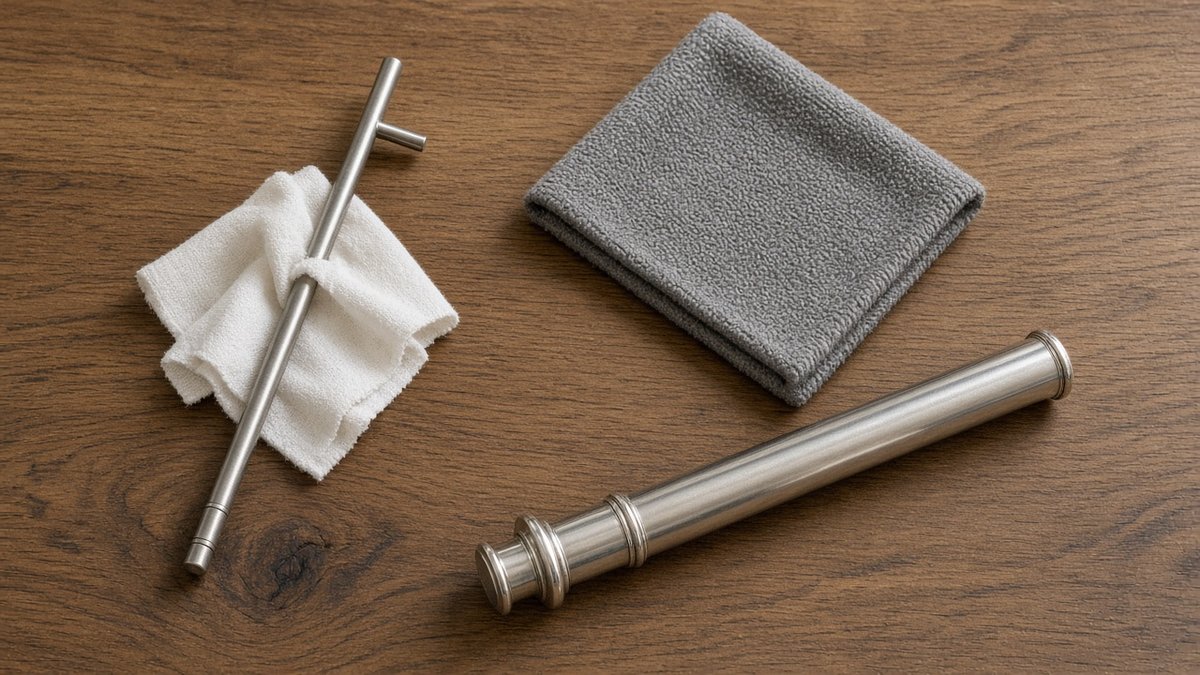 Flute cleaning rod, cloth and polishing cloth on a wooden table