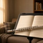 Silver flute on a music stand with sheet music in a living room