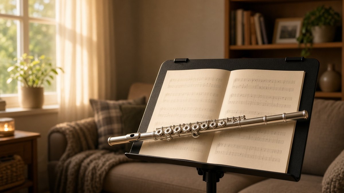 Silver flute on a music stand with sheet music in a living room