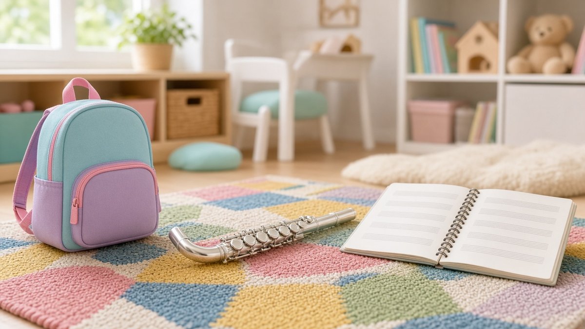 Curved head joint flute with a child backpack and notebook on a playroom rug